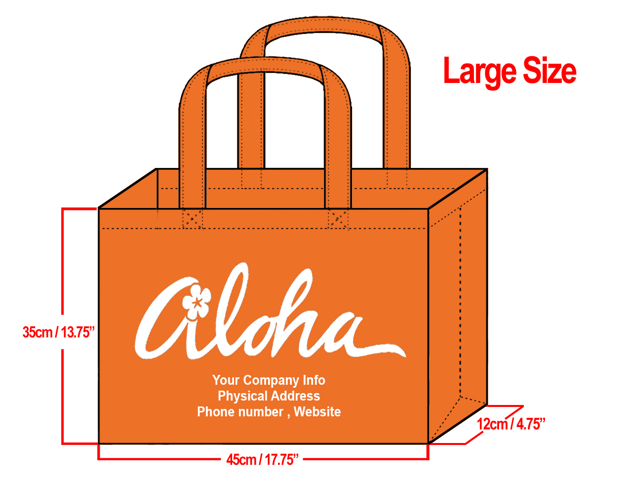 LARGE Orange-35x45x12cm Plumeria Aloha Design & Your Info In W