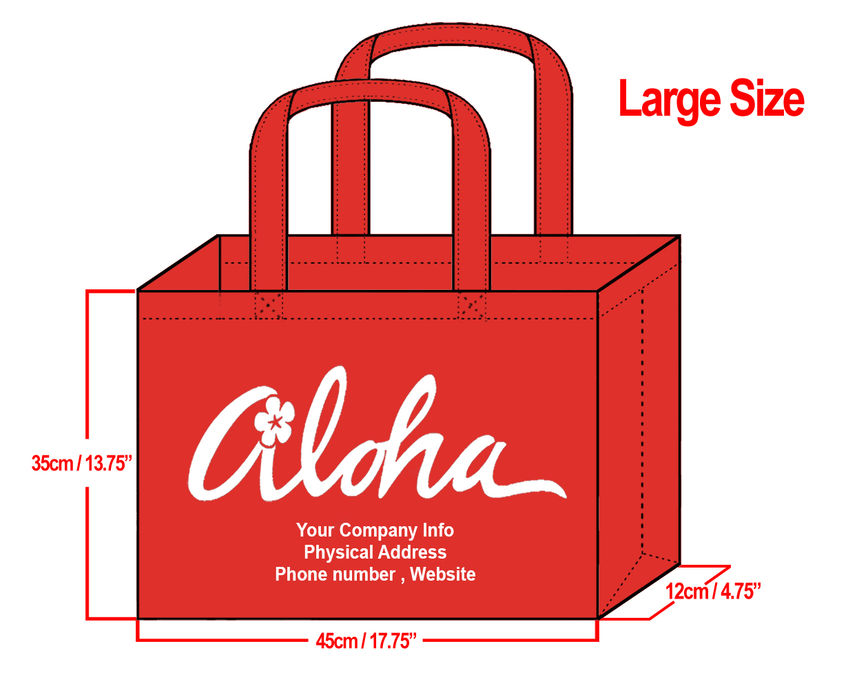 LARGE Red-35x45x12cm Plumeria Aloha Design & Your Info In Whit