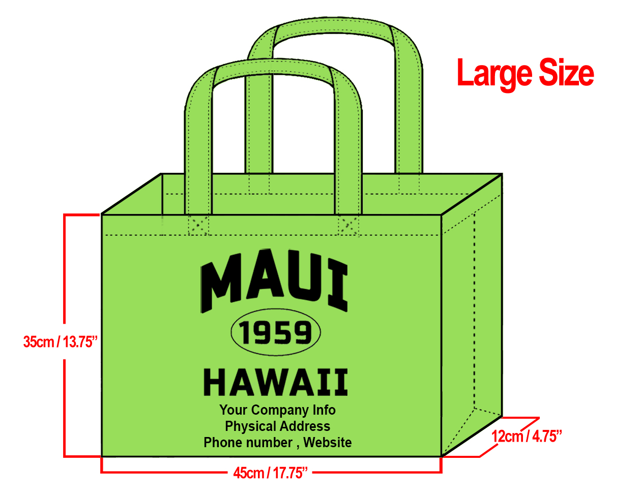 LARGE Lime-35x45x12cm Maui 1959 & Your Info In Black