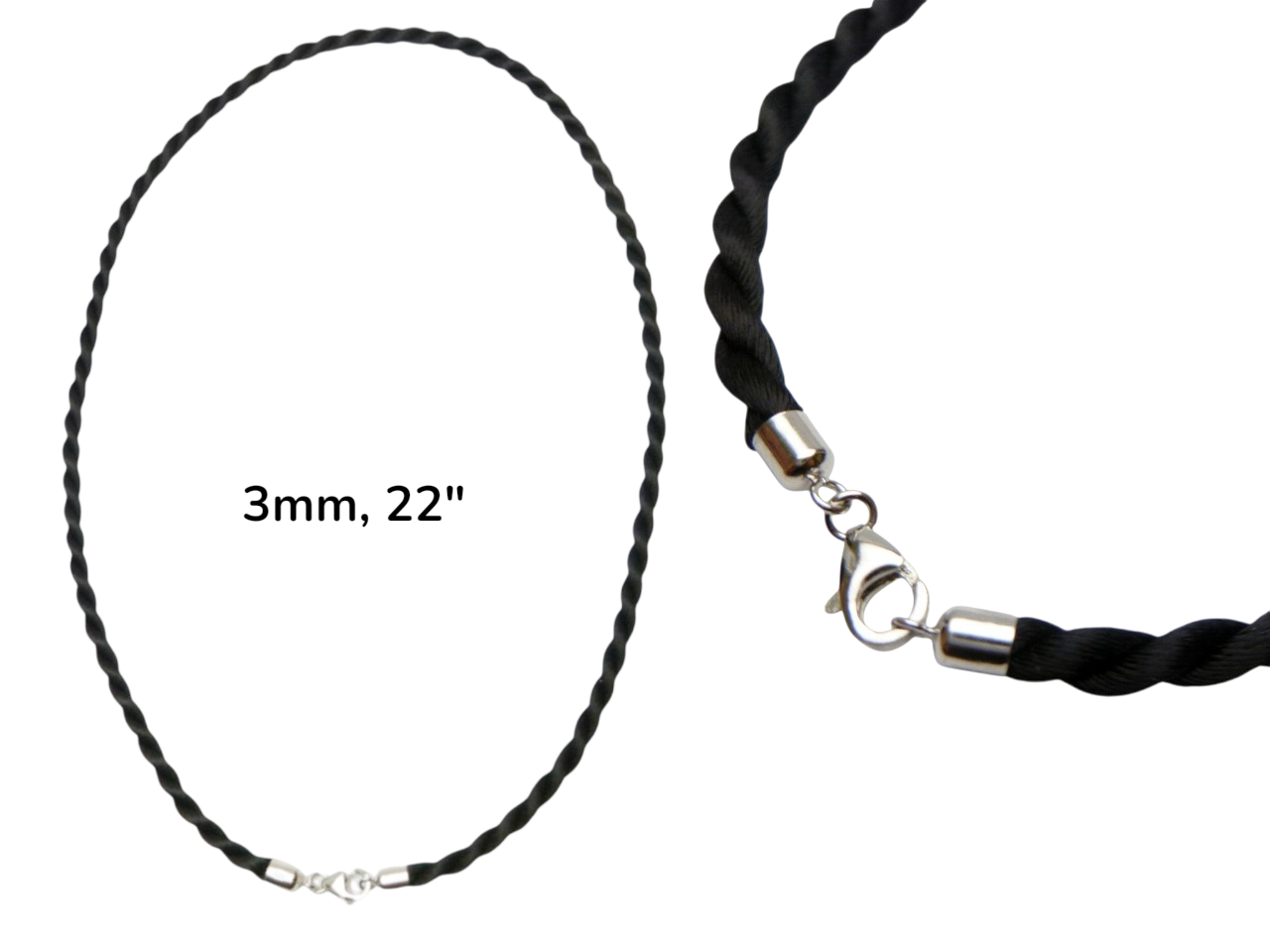 22"- 3mm Black American Satin Double Twist Necklace w/ 925 Silve
