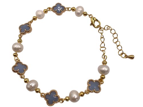 Dusty Blue Crystal Clover w/ Fresh Water Pearl Gold Tone Bracelet, MOQ-6/pk