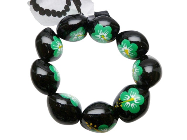 Polished Black Kukui Nut Hand Painted w/ Green Hibiscus Stretchy Bracelet, MOQ-10