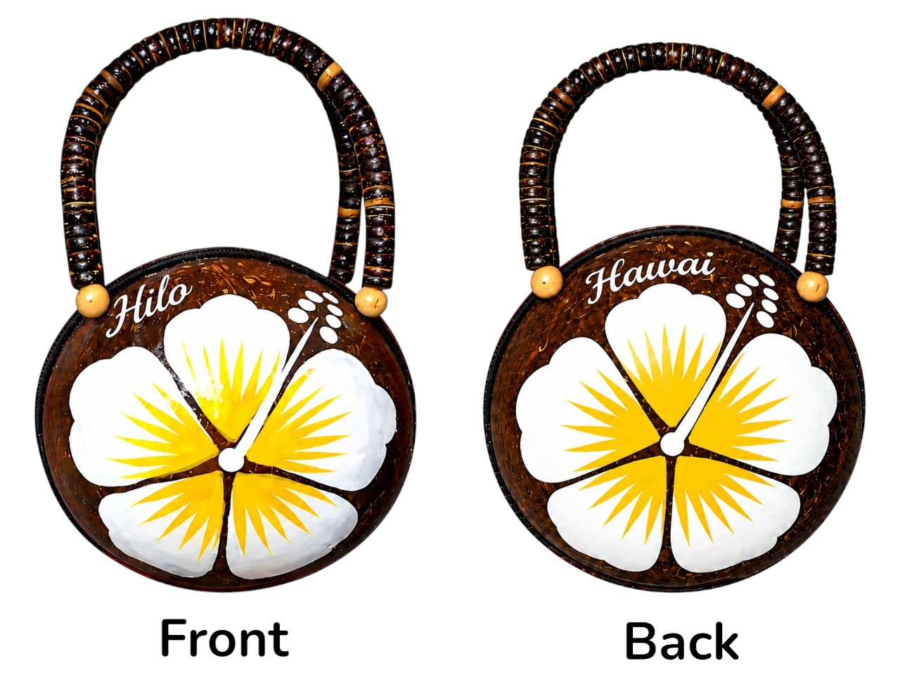 "Hilo" Coconut Bag Painted w/ White Hibiscus with Yellow & White Pollen, 36/case, MOQ-36