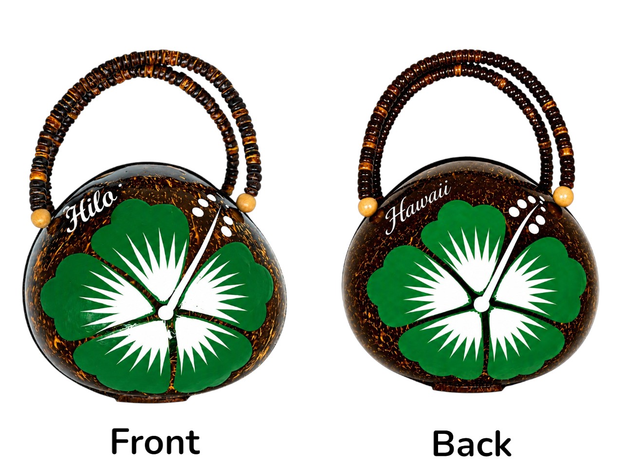"Hilo" Coconut Bag Painted w/ Green Hibiscus with White Pollen, 36/case, MOQ-36