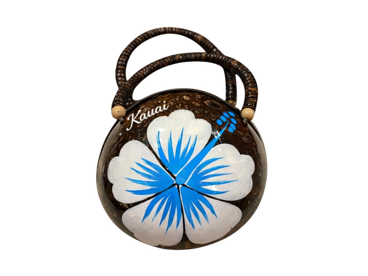 "Kauai" Coconut Bag Painted w/ White Hibiscus with Blue Pollen, 36/case, MOQ-36