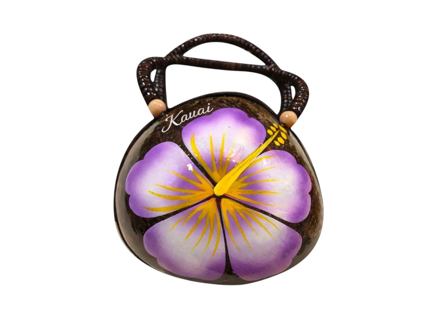 "Kauai" Coconut Bag Painted w/ Light Purple Hibiscus with Golden Yellow Pollen, 36/case, MOQ-36