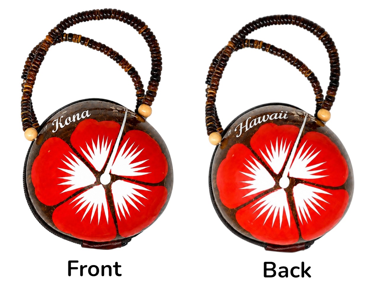 "Kona" Coconut Bag Painted w/ Red Hibiscus with White Pollen, 36/case, MOQ-36