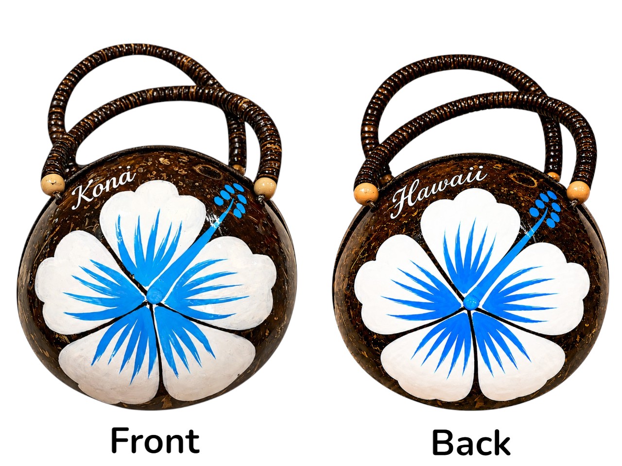 "Kona" Coconut Bag Painted w/ White Hibiscus with Blue Pollen, 36/case, MOQ-36