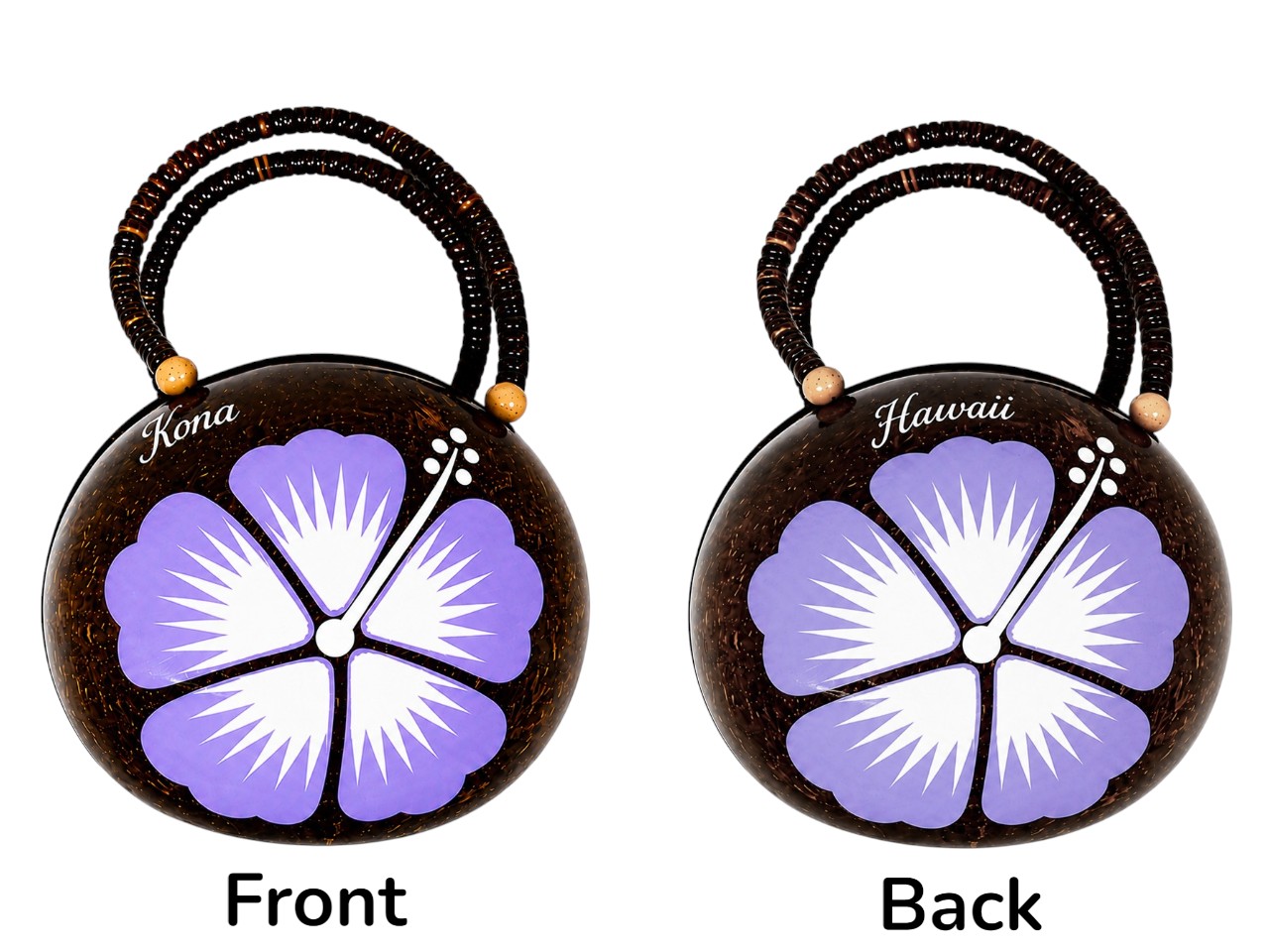 "Kona" Coconut Bag Painted w/ Purple Hibiscus with White Pollen, 36/case, MOQ-36