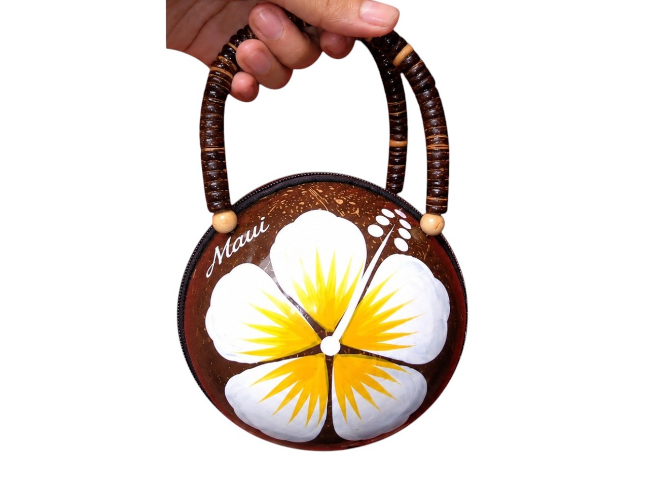 "Maui" Coconut Bag Painted w/ White Hibiscus with Yellow & White Pollen, 36/case, MOQ-36
