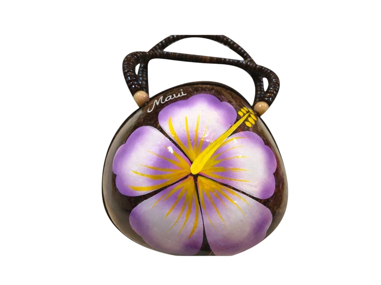 "Maui" Coconut Bag Painted w/ Light Purple Hibiscus with Golden Yellow Pollen, 36/case, MOQ-36