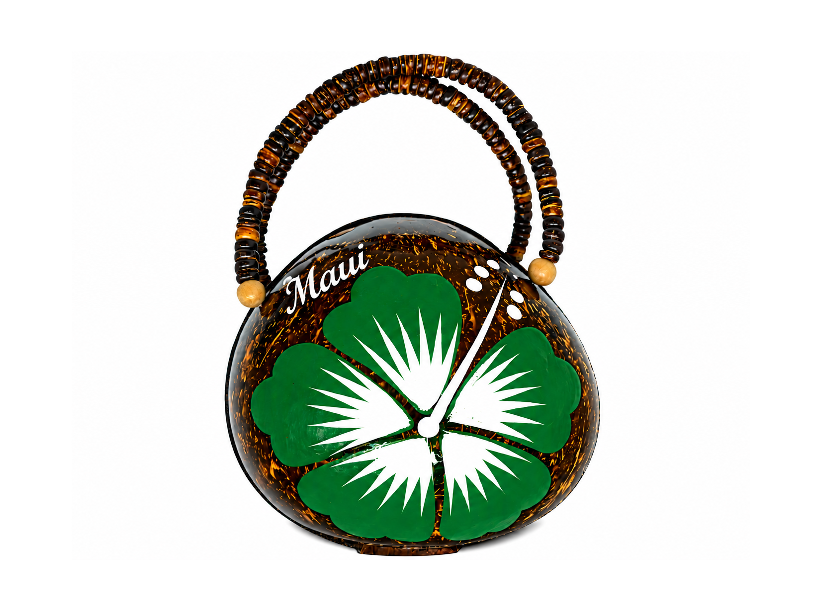 "Maui" Coconut Bag Painted w/ Green Hibiscus with White Pollen, 36/case, MOQ-36
