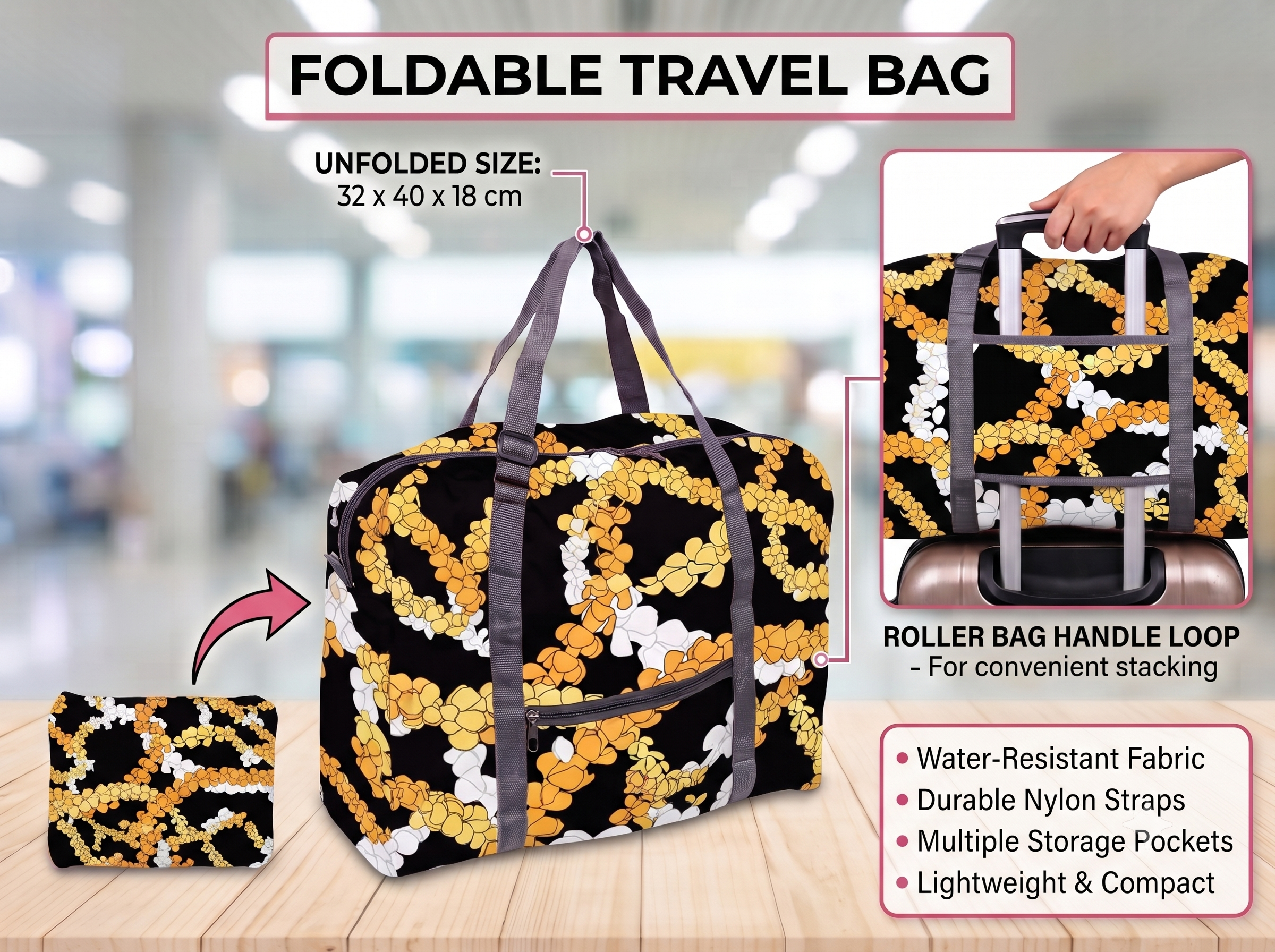 Pikake Travel Bag, 32x40x18cm, Foldable Into Pouch, Slip over Handle, MOQ-4