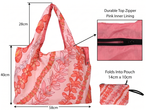 Pikake Print w/ Lining and Zipper Reusable Bag 68x58cm-Foldable Into Pouch, MOQ-6