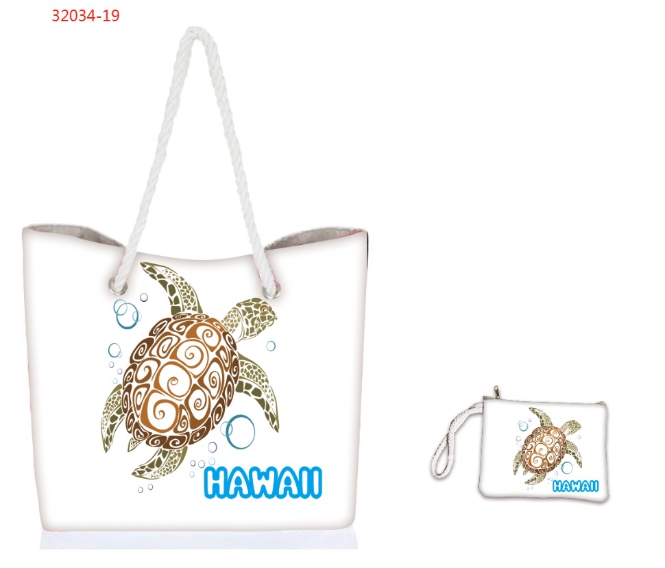 "Hawaii" Tribal Turtle Print Polyester Cotton Tote Bag w/ Pouch and Zipper 17x12x4", 25/Box, MOQ-4