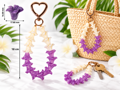 Purple & Cream Pikake (11.5x14mm) Loop on Heart Keyring / Bag Charm 18cm, MOQ-6/pk