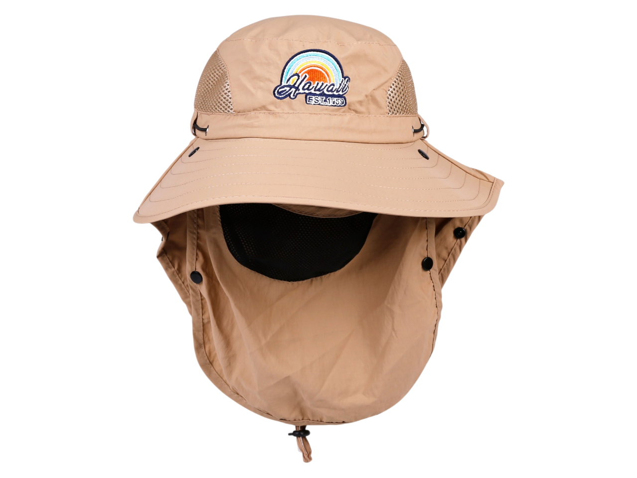"Hawaii, EST 1959" Rainbow, Multi Task w/ Face Shield Khaki Dry Fit Ranger Hat, MOQ-6
