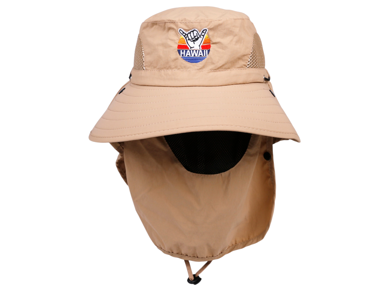 "Hawaii" Shaka Sunset, Multi Task w/ Face Shield Khaki Dry Fit Ranger Hat, MOQ-6