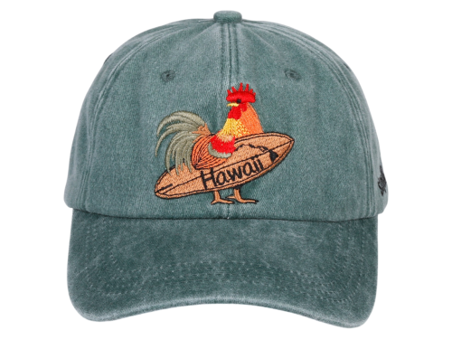 Rooster w/ Hawaii & Island Map Surfboard Embroidered Olive Washed Cap, MOQ-6/bag