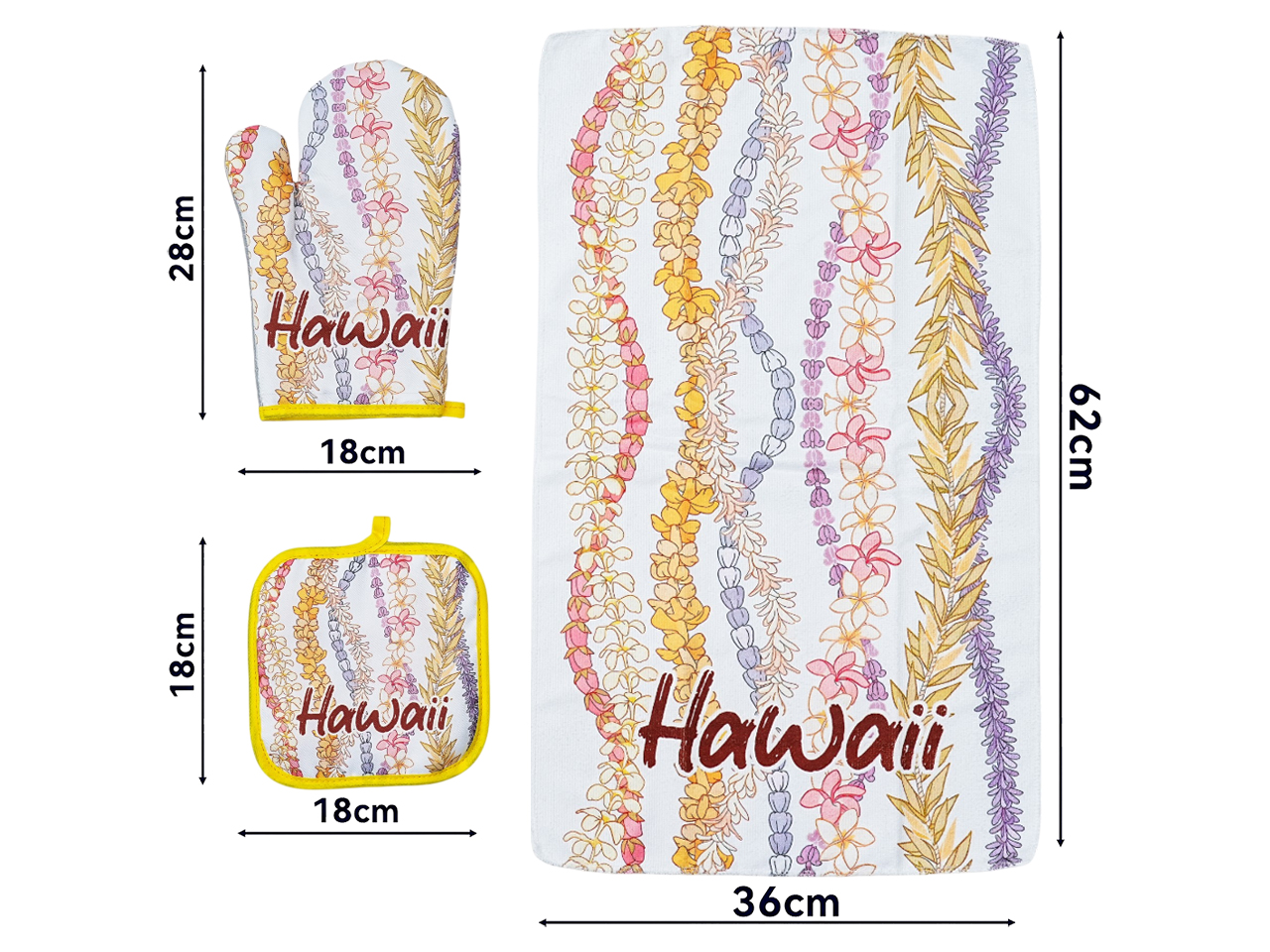 Hawaii Colorful Pikake 3pcs Kitchen Set (Oven Mitt, Pot Holder, Kitchen Towel), MOQ-4