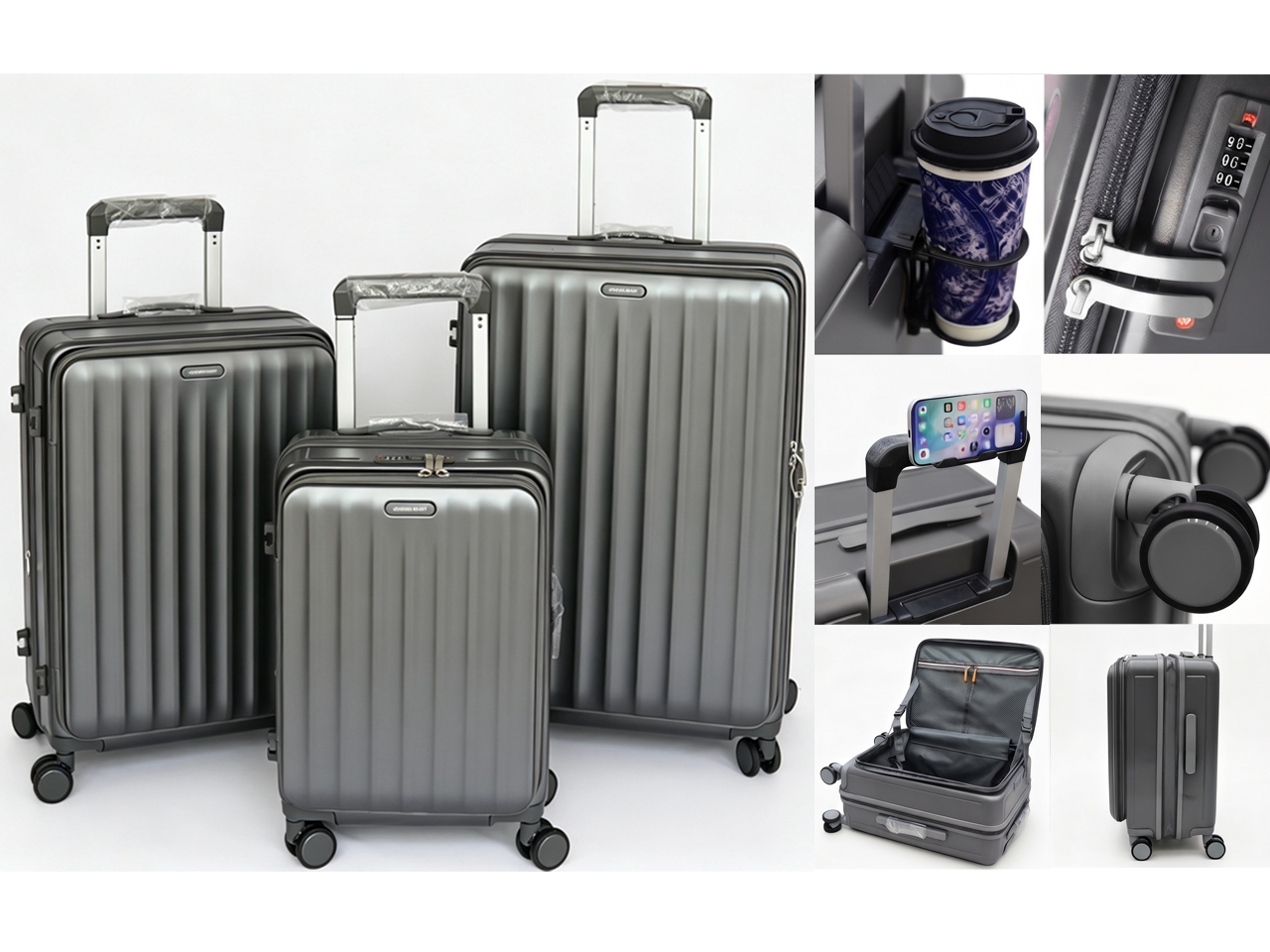 "Hawaii" 3 Piece Charcoal Luggage Set - Size Carry On 20", Medium 25", Large 29"