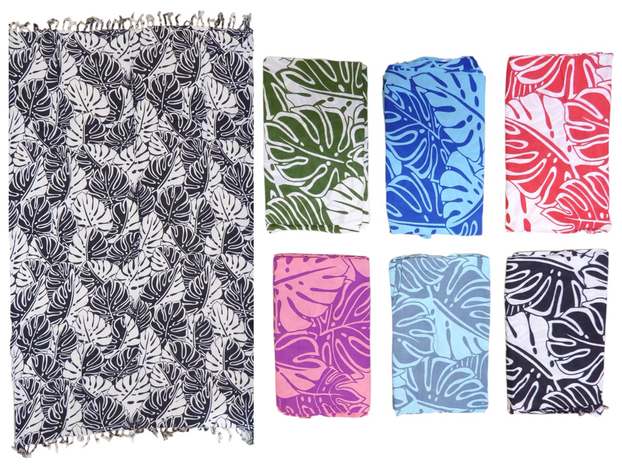 Hawaii Monstera Leaves Pattern Assorted Color Rayon Sarong, 66/cs, MOQ-6