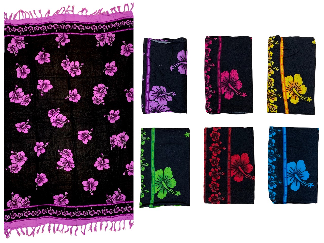 Assorted Color Hibiscus Flower Rayon Sarong, 66/case, MOQ-6pcs