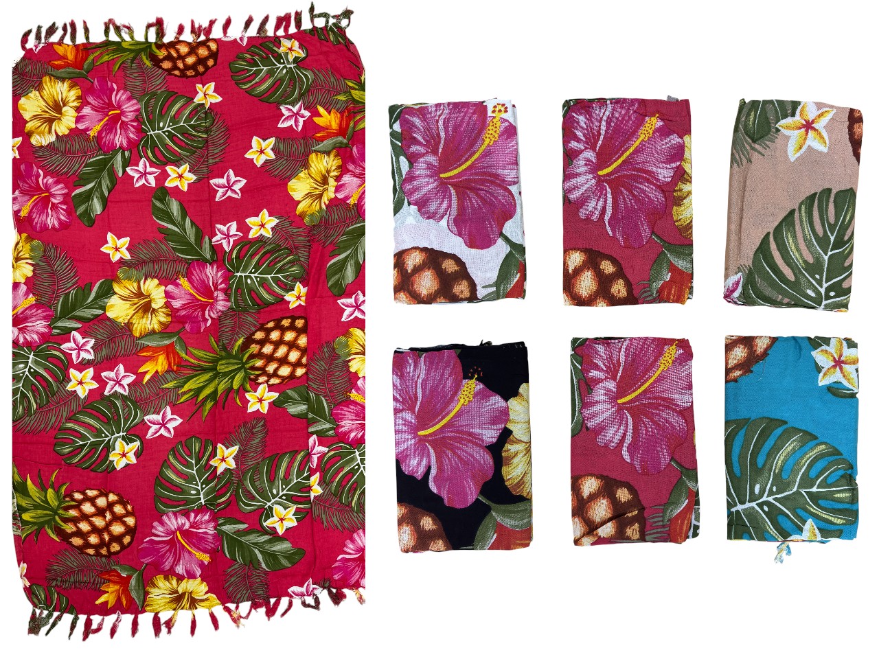 Assorted Color Pineapple, Monstera & Hibicus Floral Rayon Sarong, 66/case, MOQ-6pcs