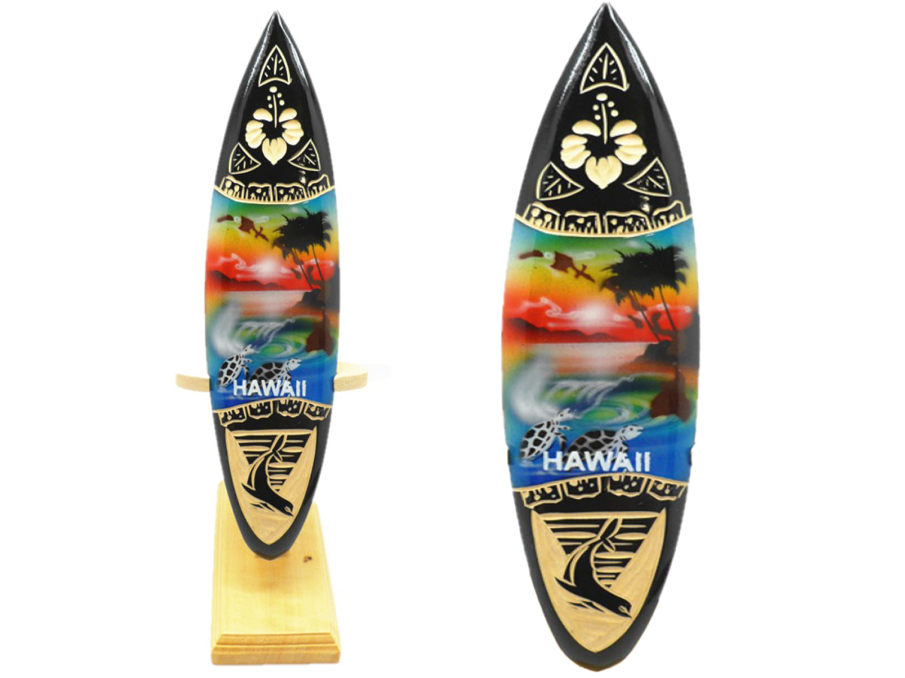 Customize Surfboard- "Hawaii" Airbrushed on Hibiscus & Dolphin Carved Combo Surfboard, Size 21cm to 100cm