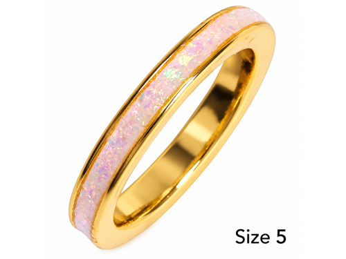 (Size 5) White Synthetic Opal Band Gold Tone Ring, MOQ-3pcs/Bag