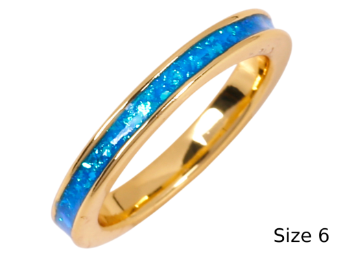 (Size 6) Blue Synthetic Opal Band Gold Tone Ring, MOQ-3pcs/Bag