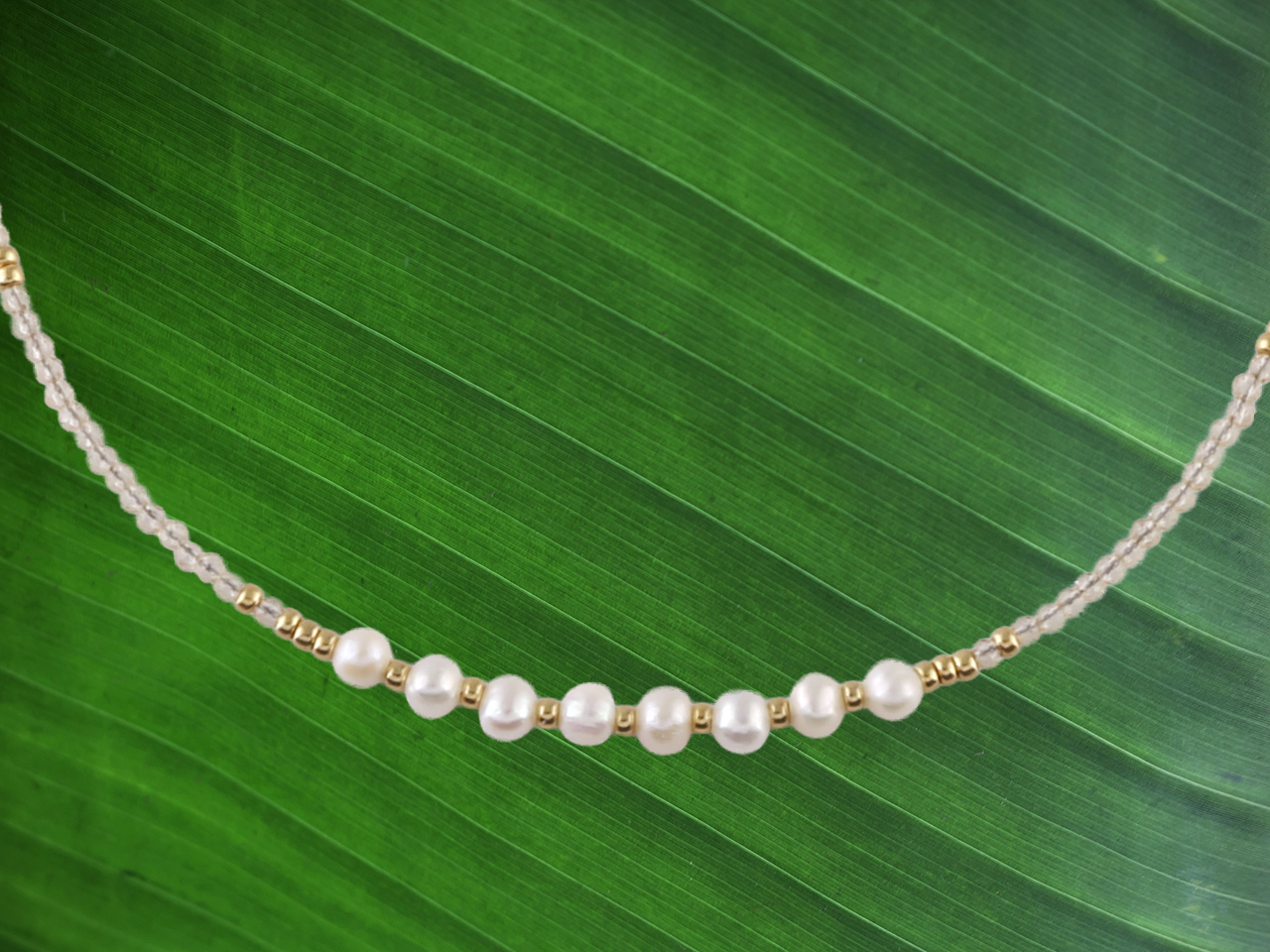 White Fresh Water Pearls on Quartz & Gold Tone Beads Necklace 16"+2", MOQ-6