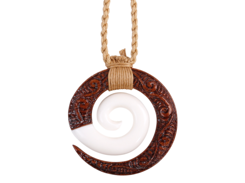 Bone & Koa Wood Koru Pendant on Adjustable Hemp Cord, MOQ-6/pk