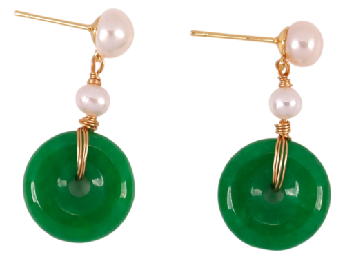 Jade Donut on Fresh Water Pearl on Gold Tone Earrings, MOQ-6