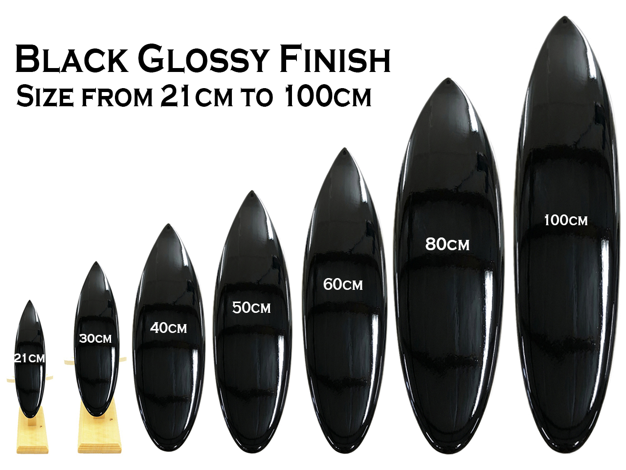 Plain Wood Surfboard with Black Glossy Finish, Size 21cm to 100cm